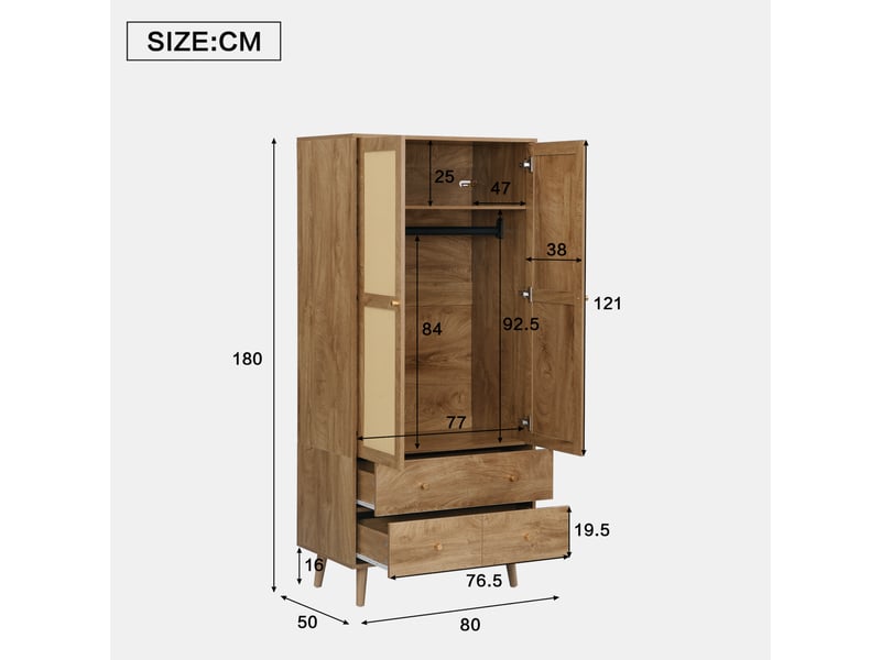 Armoire modenvie 2 portes avec penderie, étagères, 2 tiroirs et design rotin 80 x 50 x 180 cm en mdf bois naturel foncé - Conforama C