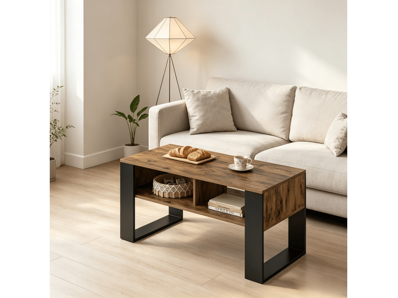 Table basse avec 2 compartiments ouverts 90x45x45 cm en bois noir et brun rustique - Conforama D