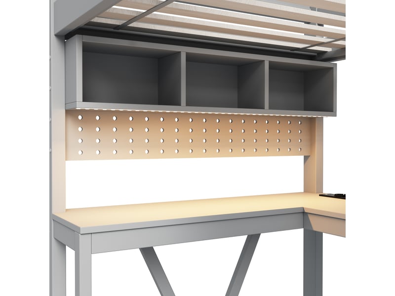  Lit mezzanine 90 x 200 cm avec bureau, penderie et étagères, tiroir pour clavier, prises usbusb-c et led en pin gris sans matelas  - Conforama W