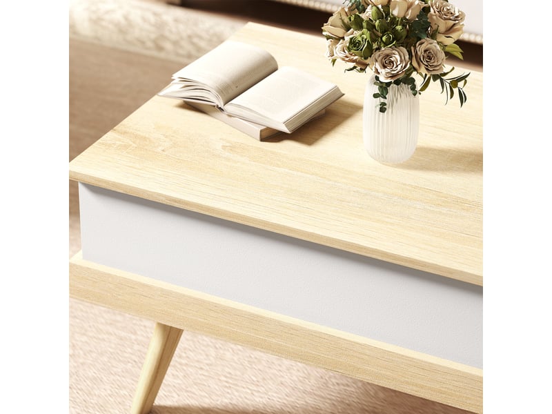  Table basse relevable style scandinave coffre 3 compartiments blanc effet bois clair  - Conforama E
