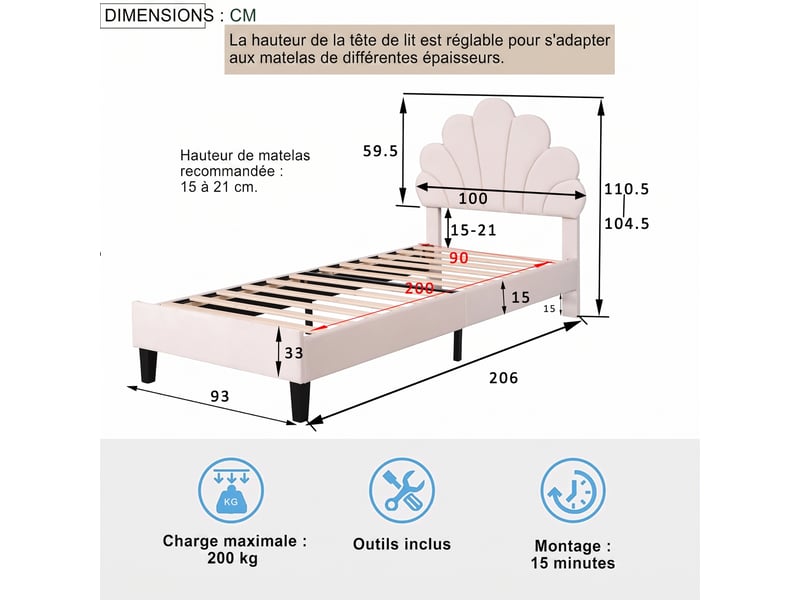 Lit rembourré 90x200cm cadre de lit simple avec tête de lit en forme de fleur et sommier à lattes lit enfant pour adolescente beige velours  - Conforama C