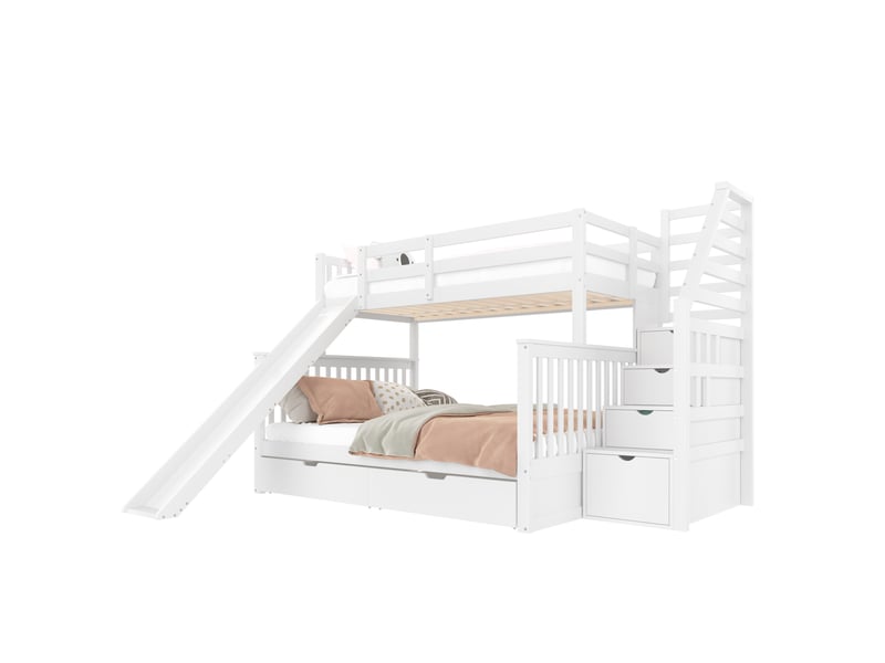  Lit superposé enfant 90x200 et 140x200 cm blanc avec toboggan et rangements  - Conforama A