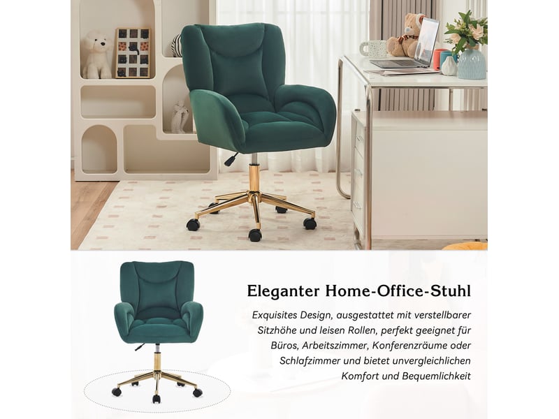  Chaise de bureau réglable en hauteur en velours vert, base en métal doré et roulettes pivotantes pour le télétravail  - Conforama D