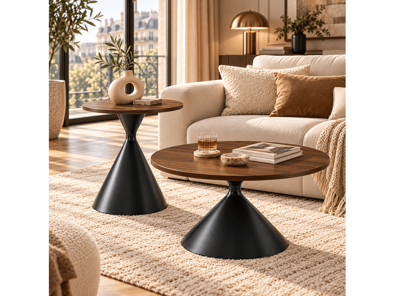 Set de 2 tables rondes ø70 x h40 cm et ø50 x h55 cm en métal noyer et noir  - Conforama D