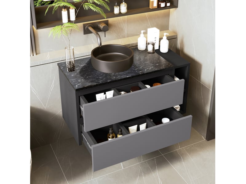 Meuble rangement salle de bain avec vasque et tiroirs mdf noir gris design moderne homvra - Conforama B
