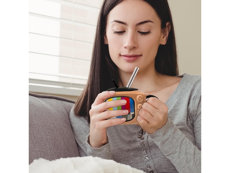  Mug en céramique avec couvercle et paille, télévision rétro, marron, 450 ml  - Conforama C
