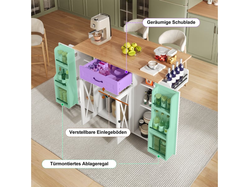 Îlot de cuisine mobile - 120x69x90 cm - sur roulettes - tiroirs - portes de rangement - rangement à vin - plateau rabattable - blanc CozyNest - Conforama E