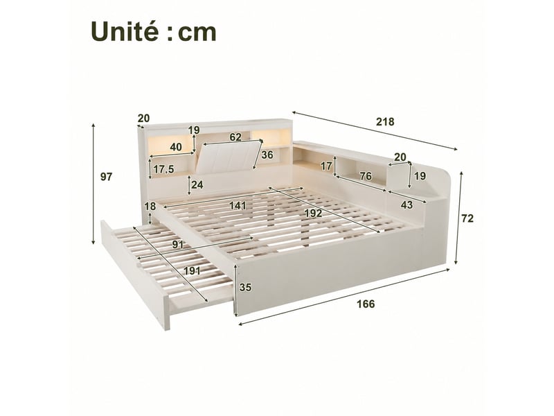 Lit gigogne 140 x 190 cm, tête de lit rembourrée, rangement, usb, blanc - Conforama C