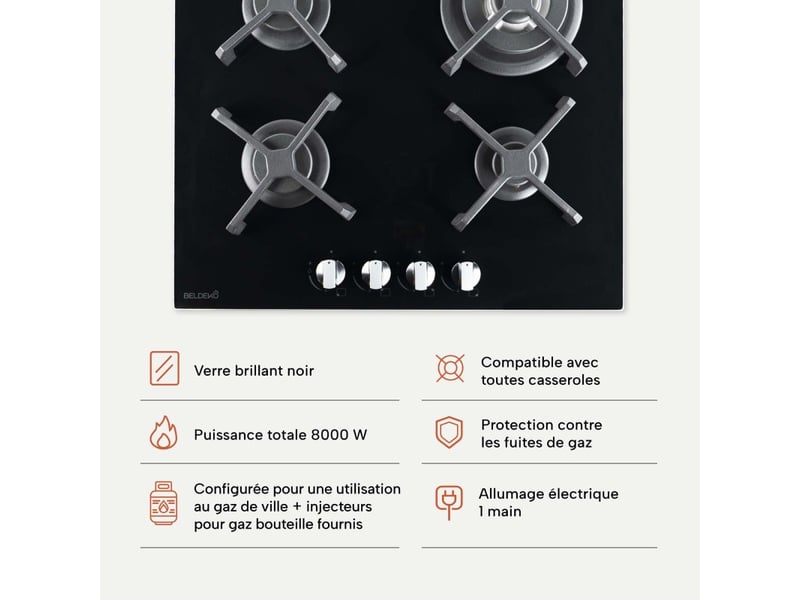  Beldeko - plaque de cuisson gaz verre noir 4 feux - gaz ville et bouteille - grilles en fonte - 8000 watts  - Conforama D