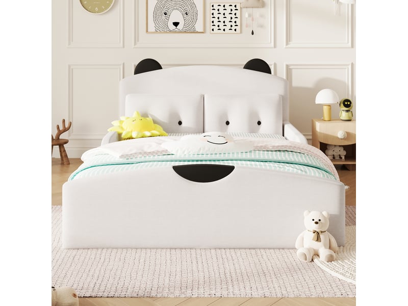  Lit 140 x 200 cm revêtu de lin avec sommier, tête de lit ours rembourrée, blanc  - Conforama D