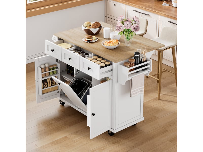 Îlot de cuisine 112x46.2x92.7 cm avec roulettes, plan de travail extensible, mdf, blanc et naturel - Conforama B