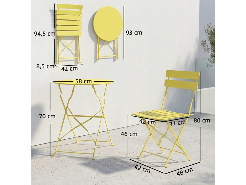 Ensemble bistrot de jardin 3 pièces table et 2 chaises pliantes à lattes double protection antirouille jaune - Conforama E