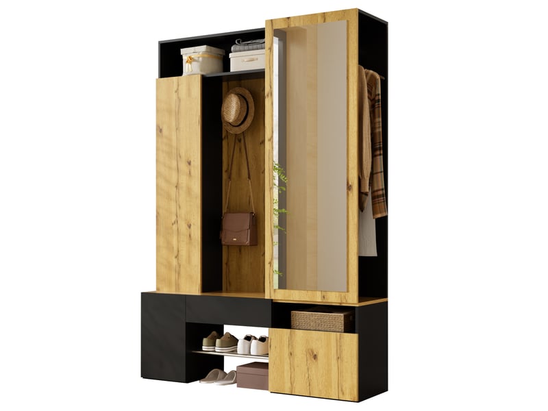  Meubles d'entrée avec miroir, penderie, porte-manteaux et rangement chaussures en mdf noir naturel 127 × 35 × 180,5 cm  - Conforama A