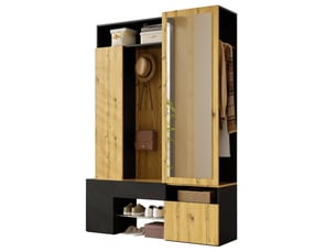 Meubles d'entrée avec miroir, penderie, porte-manteaux et rangement chaussures en mdf noir naturel 127 × 35 × 180,5 cm