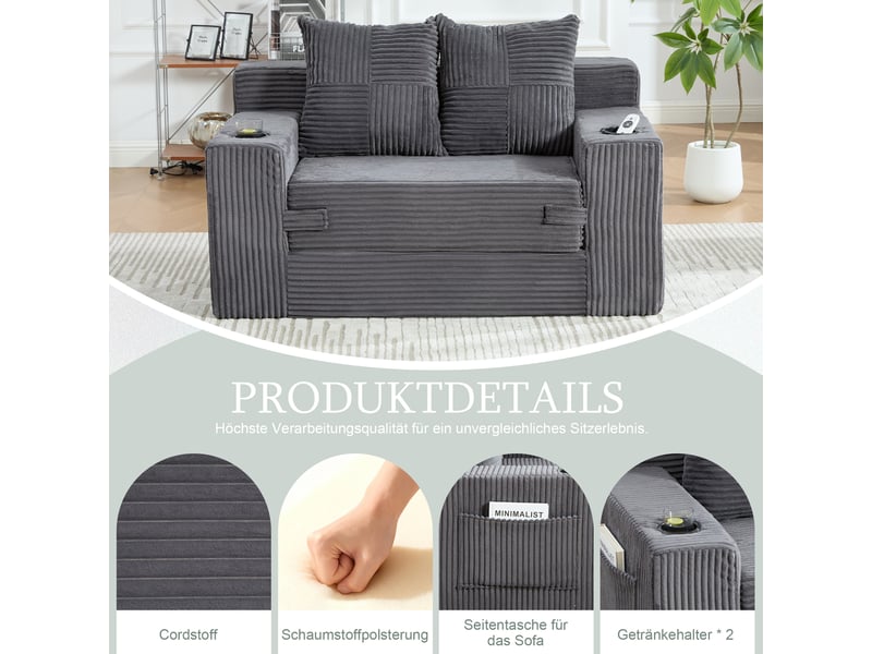  Canapé-lit,151x133x64 cm,2 places avec rangements,velours côtelé,gris  - Conforama D