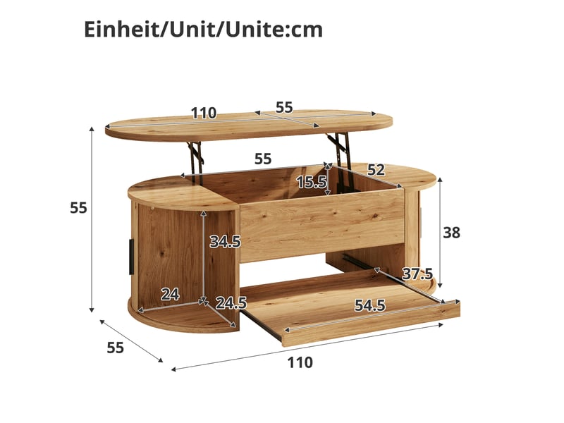  Table basse relevable 110 x 55 x 55 cm avec rangement caché, portes coulissantes et plateau extensible, effet rainuré  - Conforama C