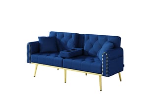 Canapé droit convertible 2 places en velours bleu, dossier réglable 3 positions avec porte-gobelets rangement latéral