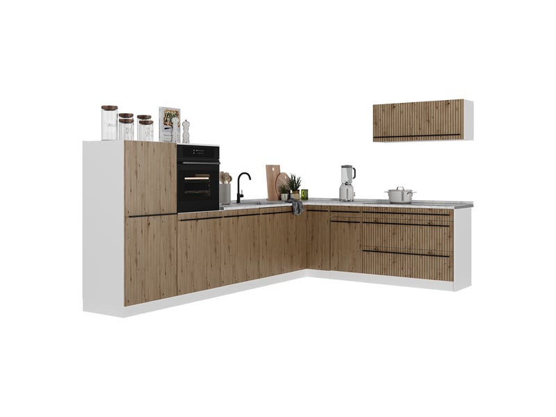 Vicco cuisine en angle, chêne artisanblanc, 327 x cm plan de travail marbre - Conforama E