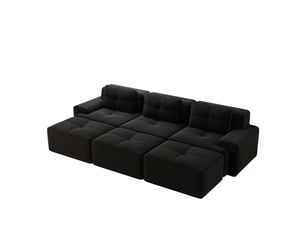 Canapé d'angle modulable 3 places avec fonction couchage et 3 poufs, assise profonde en velours côtelé noir