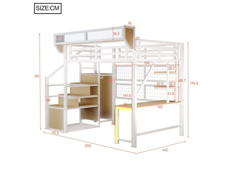  Lit mezzanine 140x200 cm avec bureau, rangements et led coloris blanc  - Conforama C