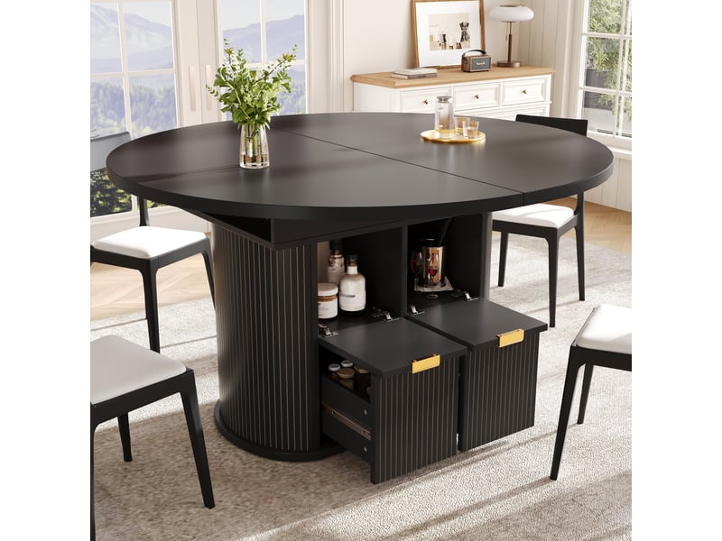  Table de salle à manger ovale extensible 118158x118x76.8 cm pour 4 à 6 personnes, 2 tiroirs, rangements rabattables, rayures en relief - noir  - Conforama E