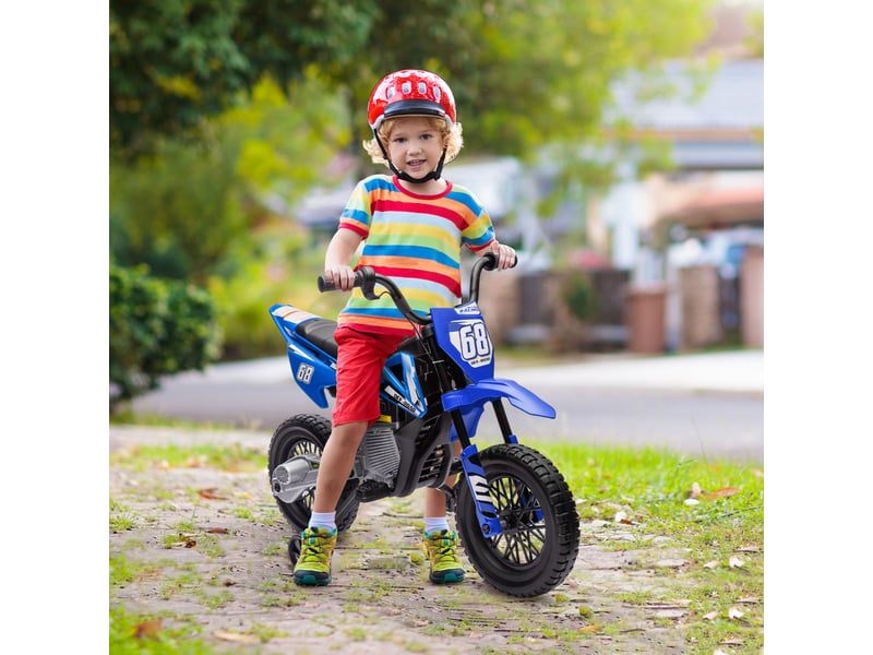 Moto électrique 12v pour enfants de 3 à 6 ans, avec 2 moteurs, suspension arrière, stabilisateurs amovibles et musique. Couleur : bleue. - Conforama D