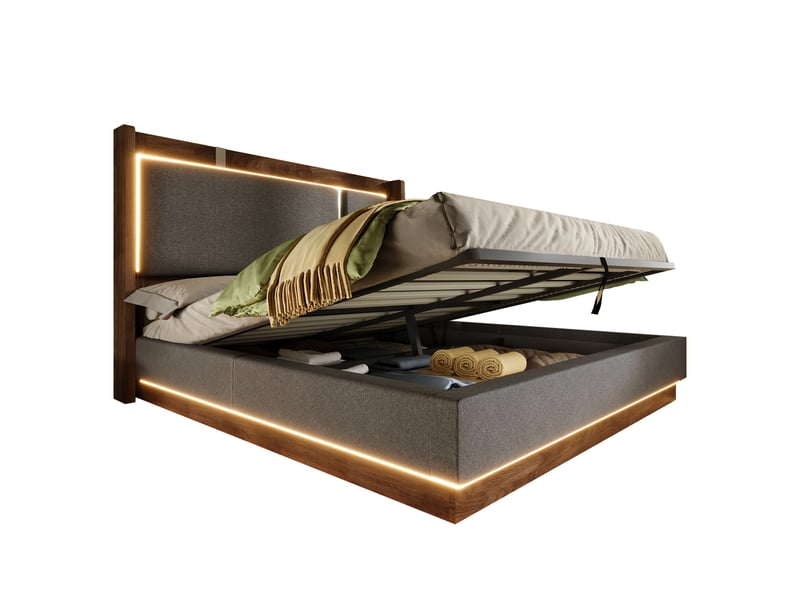  Lit coffre hydraulique 140x200 cm,led applitélécommande,tête rembourrée en lin gris,sommier à lattes,effet noyer noir,sans matelas  - Conforama A