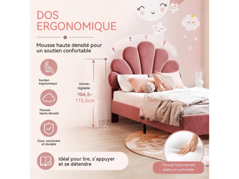  Lit enfant 90x200 cm cadre rembourré en velours, tête de lit design pétale, pieds métalliques dorés, structure stable charge 150kg  - Conforama C