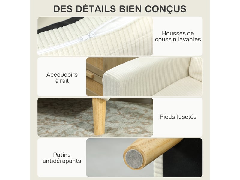  Canapé 3 places en velours côtelé, canapé avec coussins à ressorts et assise rembourré, beige, 192x80x84,5cm  - Conforama R