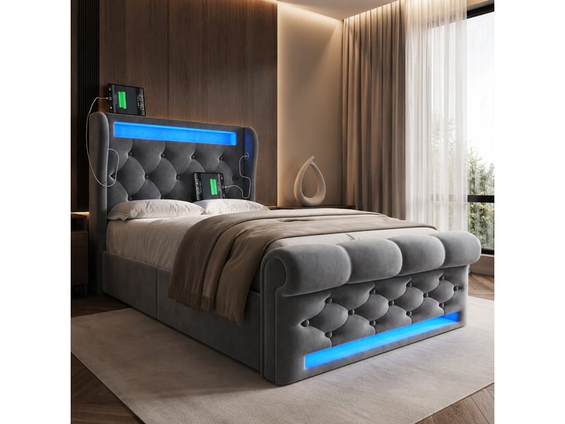  Lit coffre simple 90×200 cm avec tête rembourrée, led, usb et type-c - okmyhome- en velours gris, matelas inclus  - Conforama C