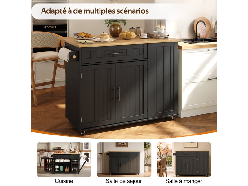  Îlot de cuisine mobile,130x70x93 cm,avec plateau rabattable,mdf,noir  - Conforama E