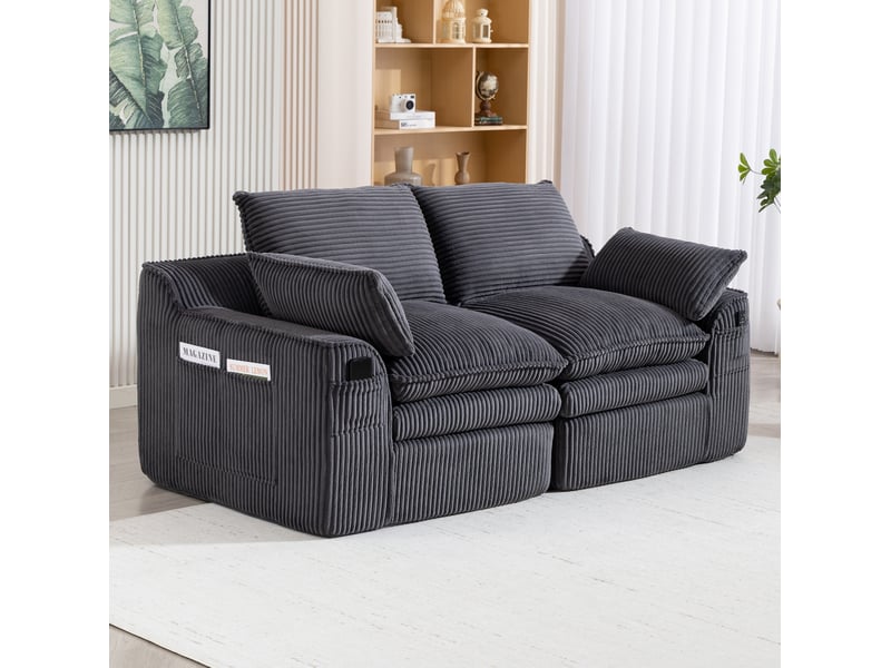  Canapé droit 2 pl 191x94x85 cm, velours côtelé gris foncé, coussins, poches latérales, confortable, pour salon et bureau  - Conforama B