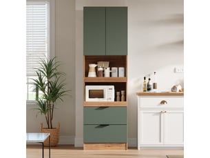 Buffet de cuisine haut 59,5x45x200 cm vert avec espace micro-ondes, 2 tiroirs, tablettes coulissantes et anti-basculement