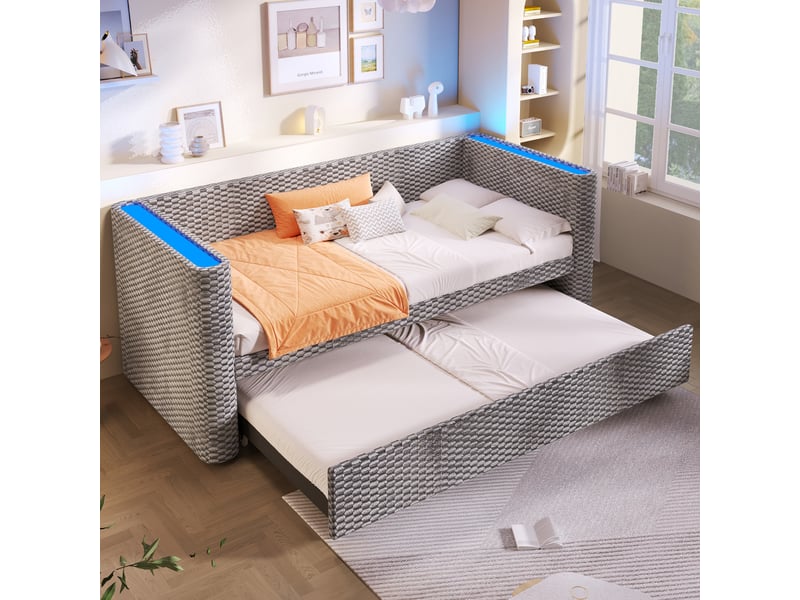  Lit de jour extensible 90 × 200 cm 180 × 200 cm avec sommier, sans matelas, led, velours gris  - Conforama D