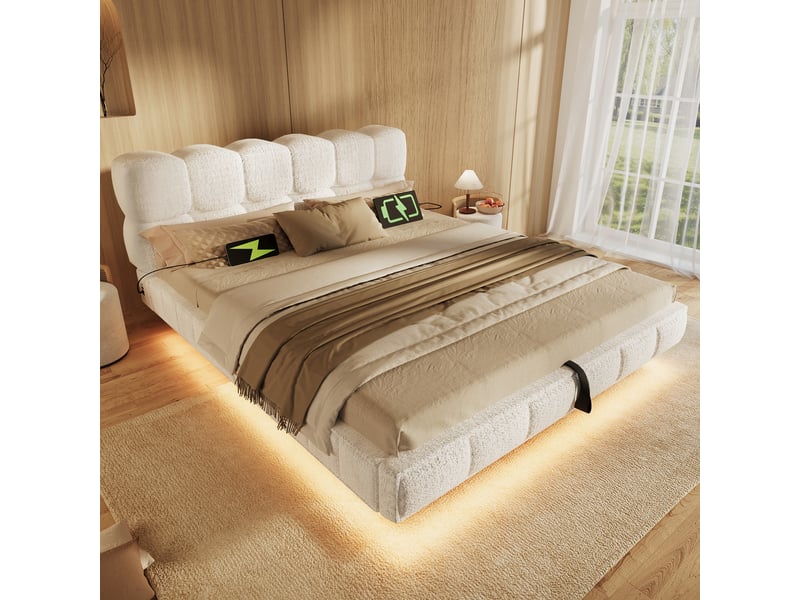  Lit double rembourré 140 x 200 cm effet flottant avec design nuage, coffre hydraulique, led et usb-c, sans matelas, chenille et bois, beige OMNIGLINT TRADING LTD - Conforama C