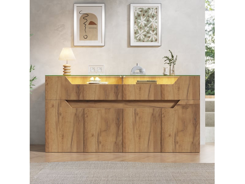 Buffet bas 140x40x70 cm naturel en mdf, 2 tiroirs, verre trempé et led - Conforama B