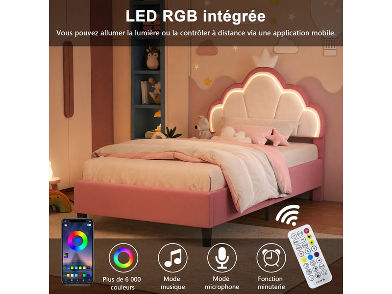  Lit enfant 90x190 cm,tête de lit couronne réglable en hauteur,éclairage led télécommandé,revêtement velours blanc‑rose,pour chambre d'enfant et adolescente  - Conforama D