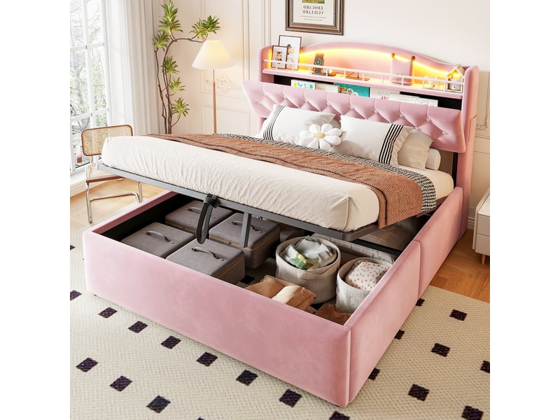 Lit coffre 140x200 cm, lit double, rangement hydraulique, led, usb et usb-c, velours rose - Conforama A
