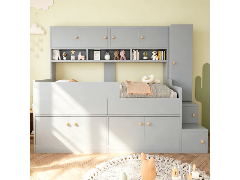  Lit enfant 90x200 cm, lit combiné avec rangement et led, gris, sans matelas  - Conforama W