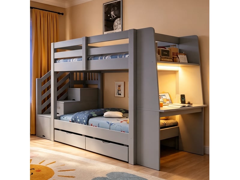  Lit superposé enfant 90x200 cm gris avec escalier de rangement, bureau et tiroirs  - Conforama D