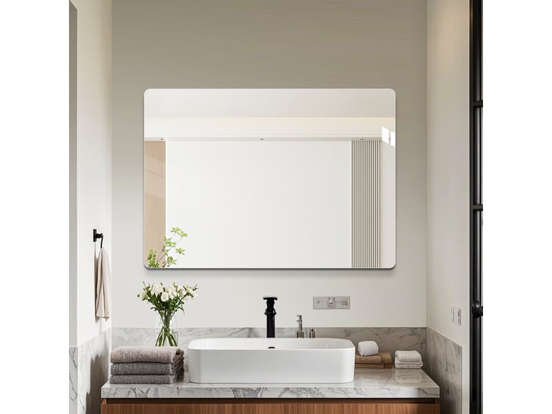  Miroir salle de bain 50x70, miroir mural sans cadre avec bords arrondis r50, verre argenté 5mm anti-éclat, installation horizontale ou verticale.  - Conforama B