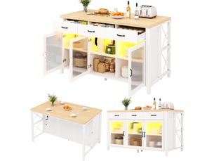 Îlot de cuisine 150x80x90cm avec 3 tiroirs, portes vitrées, éclairage et pieds réglables, style industriel, blanc et naturel