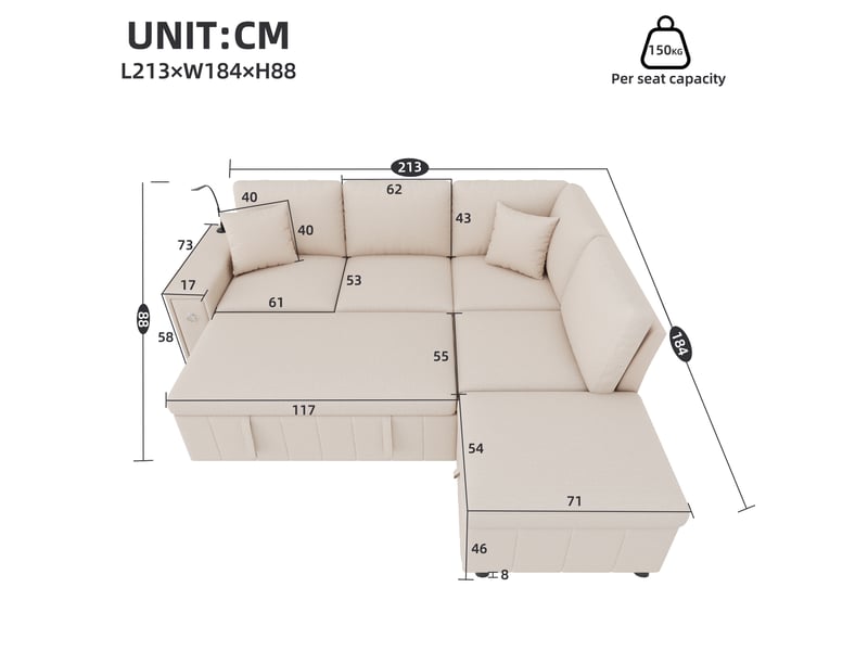  Canapé d’angle convertible en l 5 places 213x184 cm, pouf coffre, table rabattable, 2 porte-gobelets, lampe de lecture, usb et usb-c, effet lin beige Radiant Stride - Conforama C