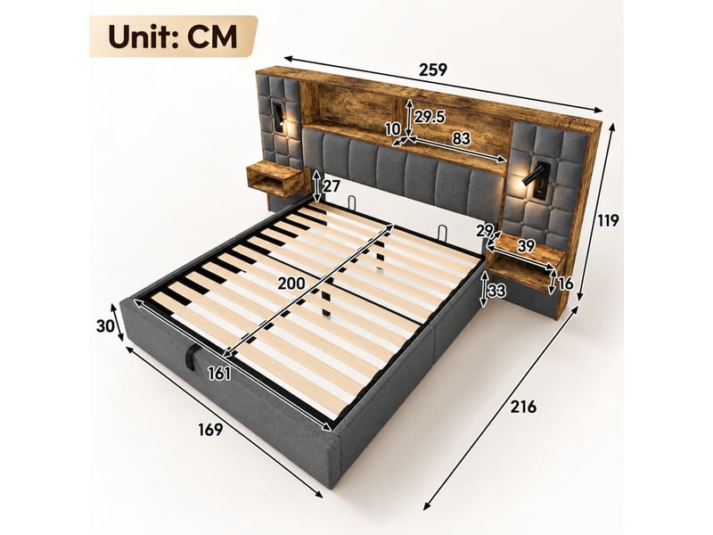 Lit rembourré 160x200 cm avec 2 chevets et étagère, lampe tactile rechargeable, ports usb et usb-c, rangement hydraulique, girs - Conforama C