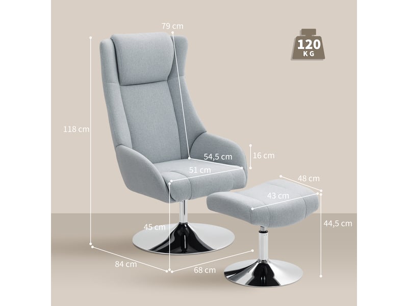  Fauteuil pivotant rembourré avec repose-pieds, inclinable, avec accoudoirs, pour salon, chambre, gris  - Conforama E