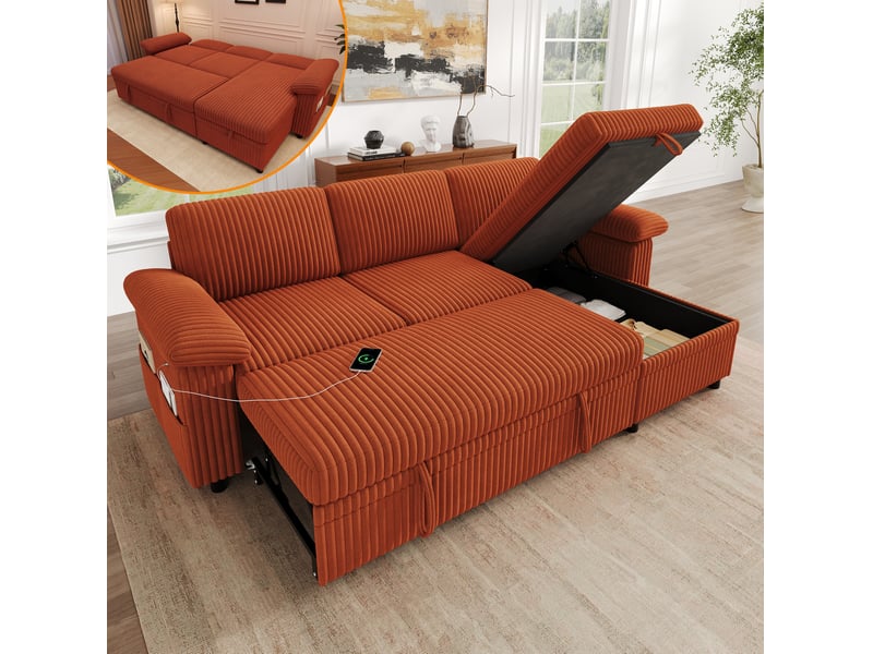  Canapé d'angle convertible avec coffre, dossier réglable, ports usb et usb-c en velours côtelé orange  - Conforama B