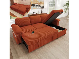 Canapé d'angle réversible convertible <strong>WISHDOR</strong> <strong></strong> 3 places Velours côtelé orange avec coffre de rangement