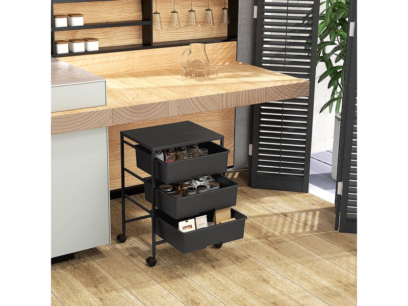 Table d'appoint à roulettes, 3 paniers de transport et de rangement, desserte de cuisine, 40,8 cm (l) x 33,5 cm (l) x 60,5 cm (h), noire - Conforama C