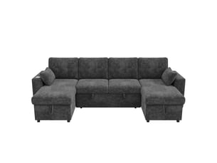 Canapé d'angle convertible 4 places en u 273x131 cm avec double méridienne, rangement caché, led, usb-c, tissu chenille - gris
