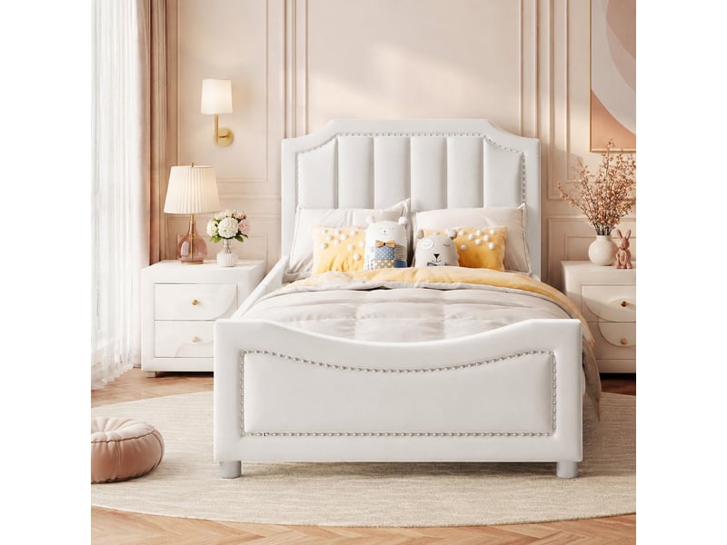  Lit banquette en flanelle, lit simple 200x90 cm avec dossier, accoudoirs et coins arrondis, sans matelas, beige  - Conforama B